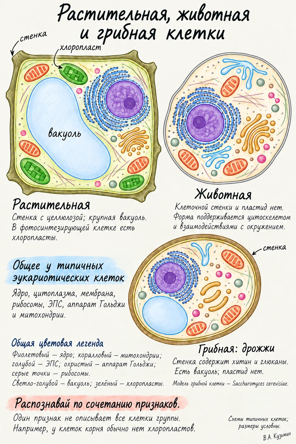 Растительная животная и грибная клетки